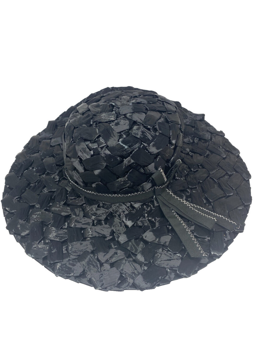 Vintage Sears Fashion Millinery Black Glossy Woven Straw Wide Brim Sun Hat Bow